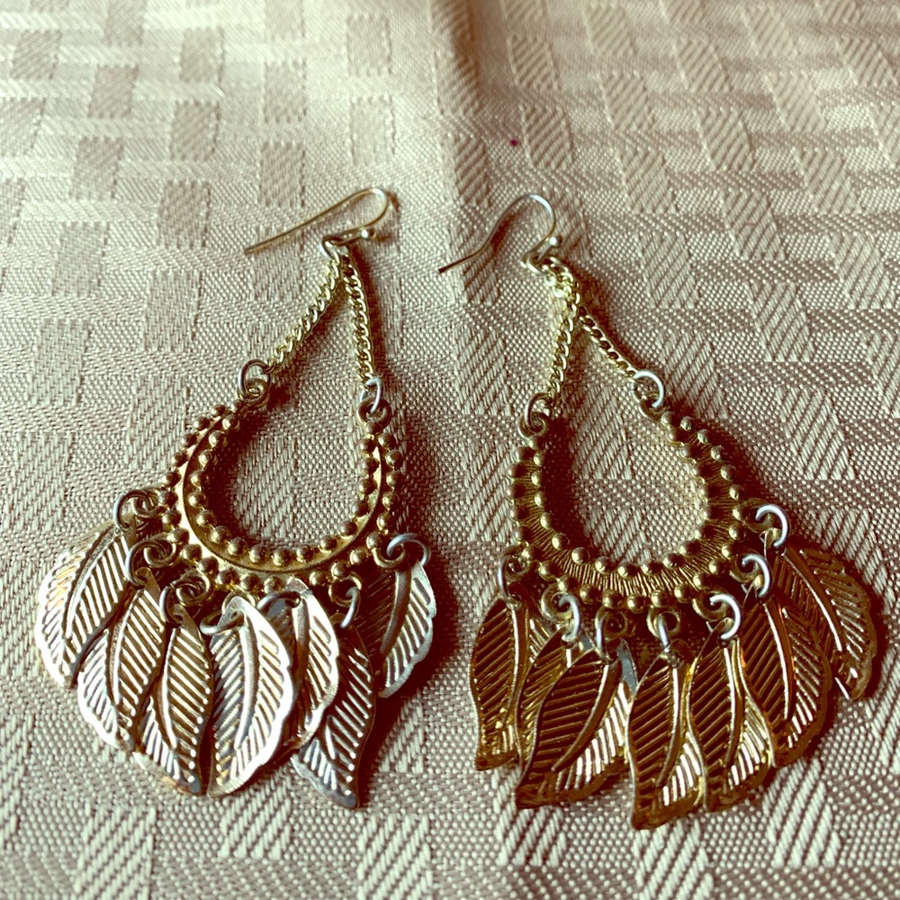 Golden Feathered Chandelier Costume Earrings